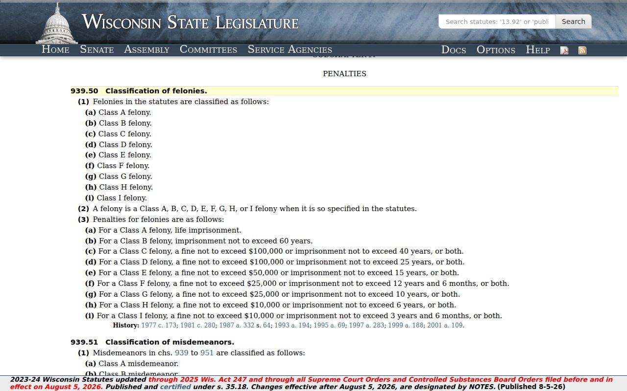 Cashton criminal history Wisconsin felony classifications