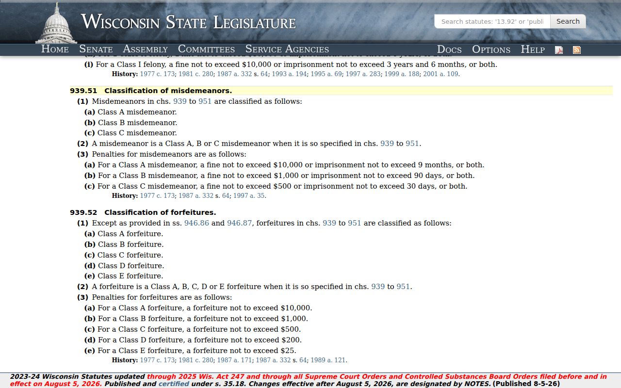 Cashton criminal records Wisconsin misdemeanor classifications
