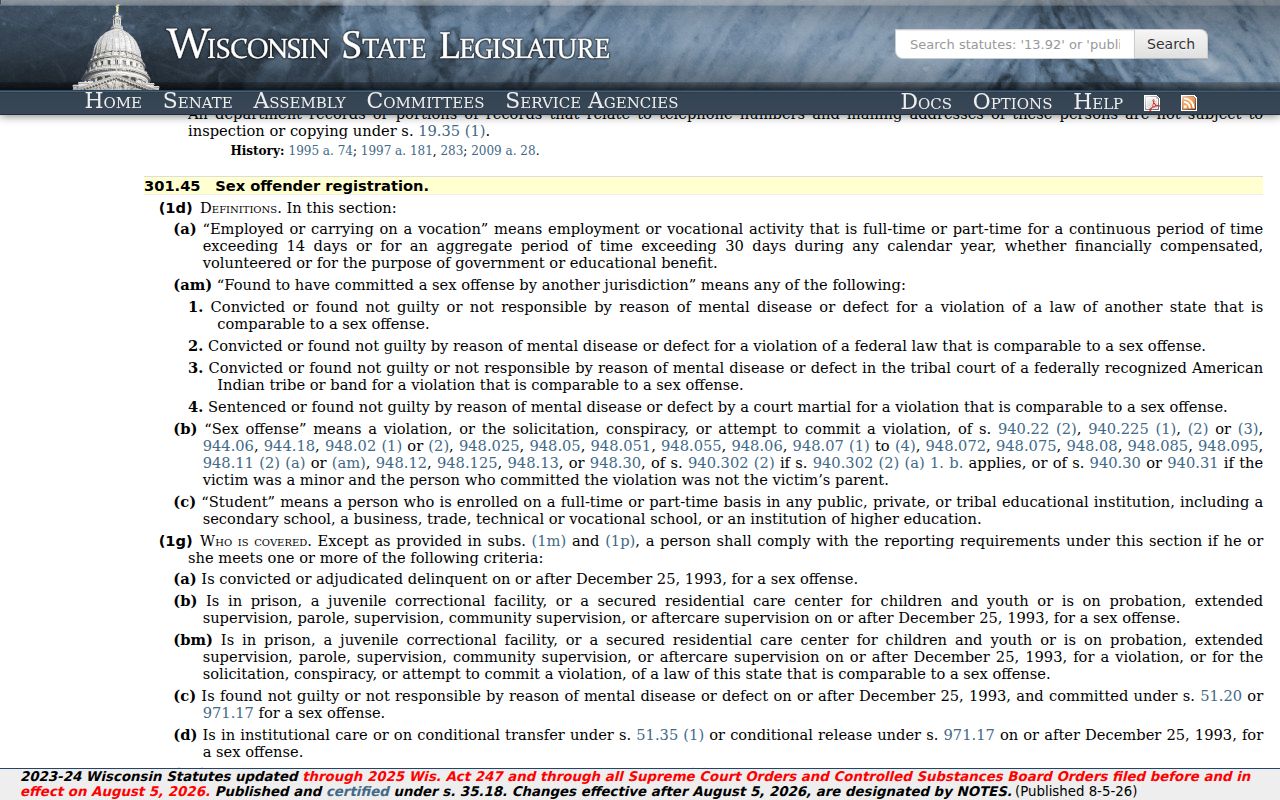Wisconsin registration law for a Monroe County sex offender check