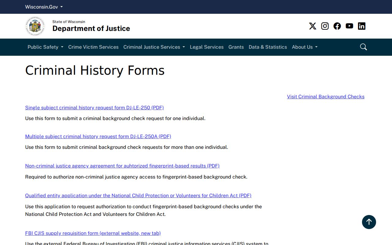 Tomah criminal history Wisconsin DOJ request and correction forms