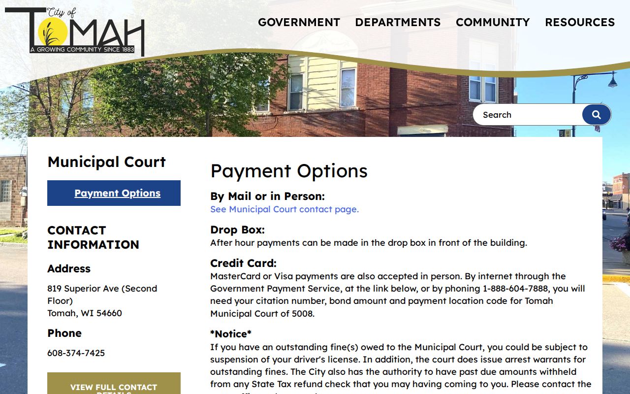 Tomah criminal records municipal citation payment options