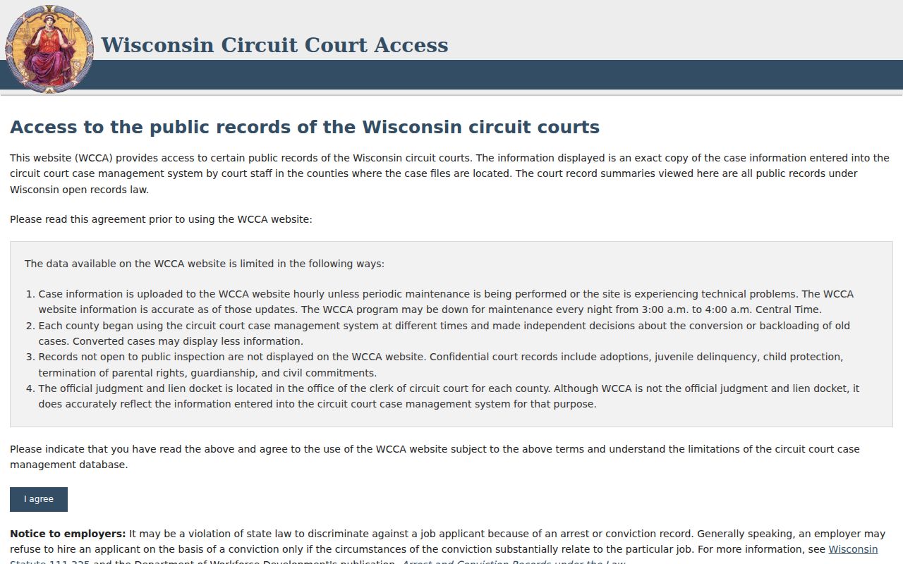 Monroe County criminal court record search in WCCA